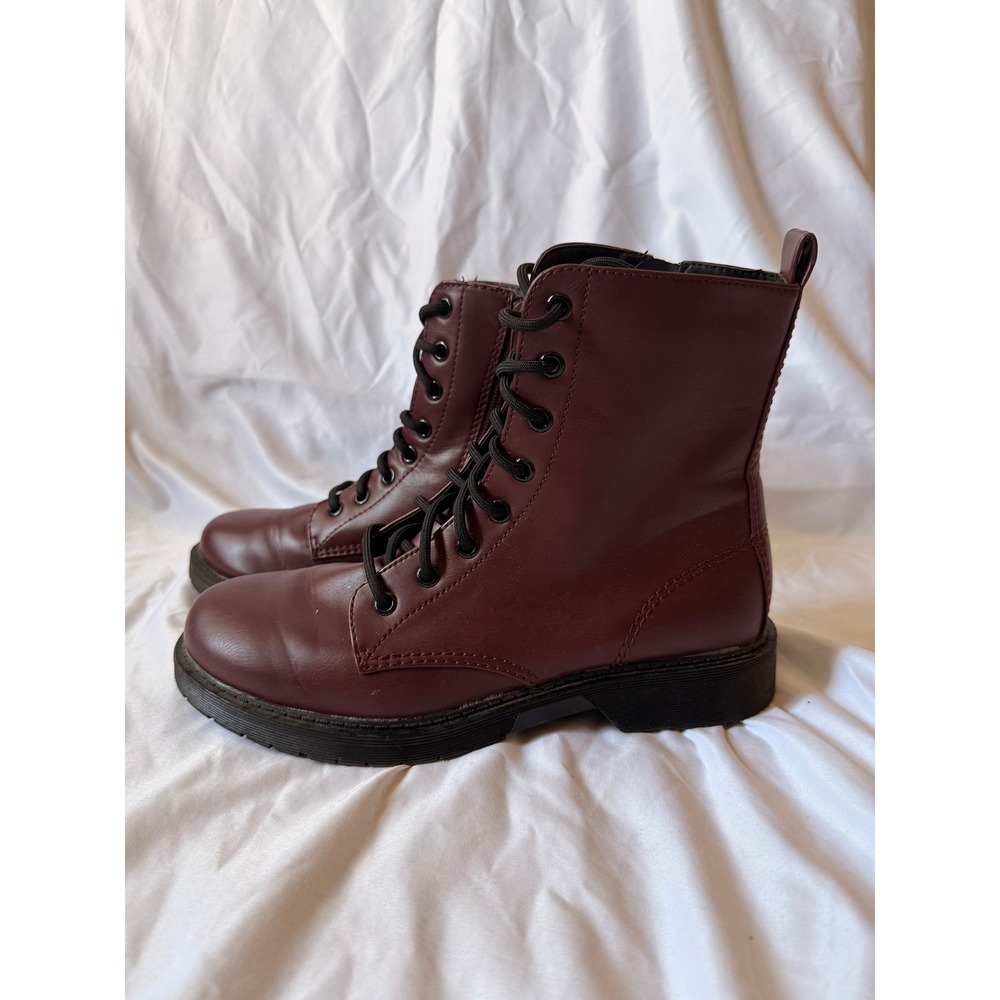Time and Tru Burgundy Combat Boots Side Zip Lace Up Lug Sole WMTT40AM008 8.5